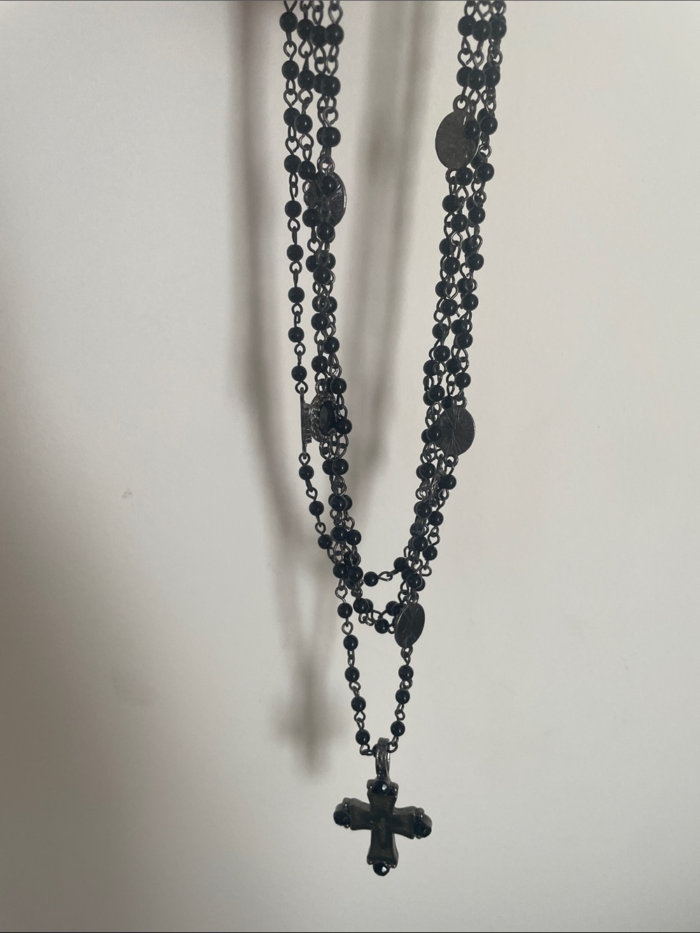 Black Multi-Strand Cross Pendant Necklace -